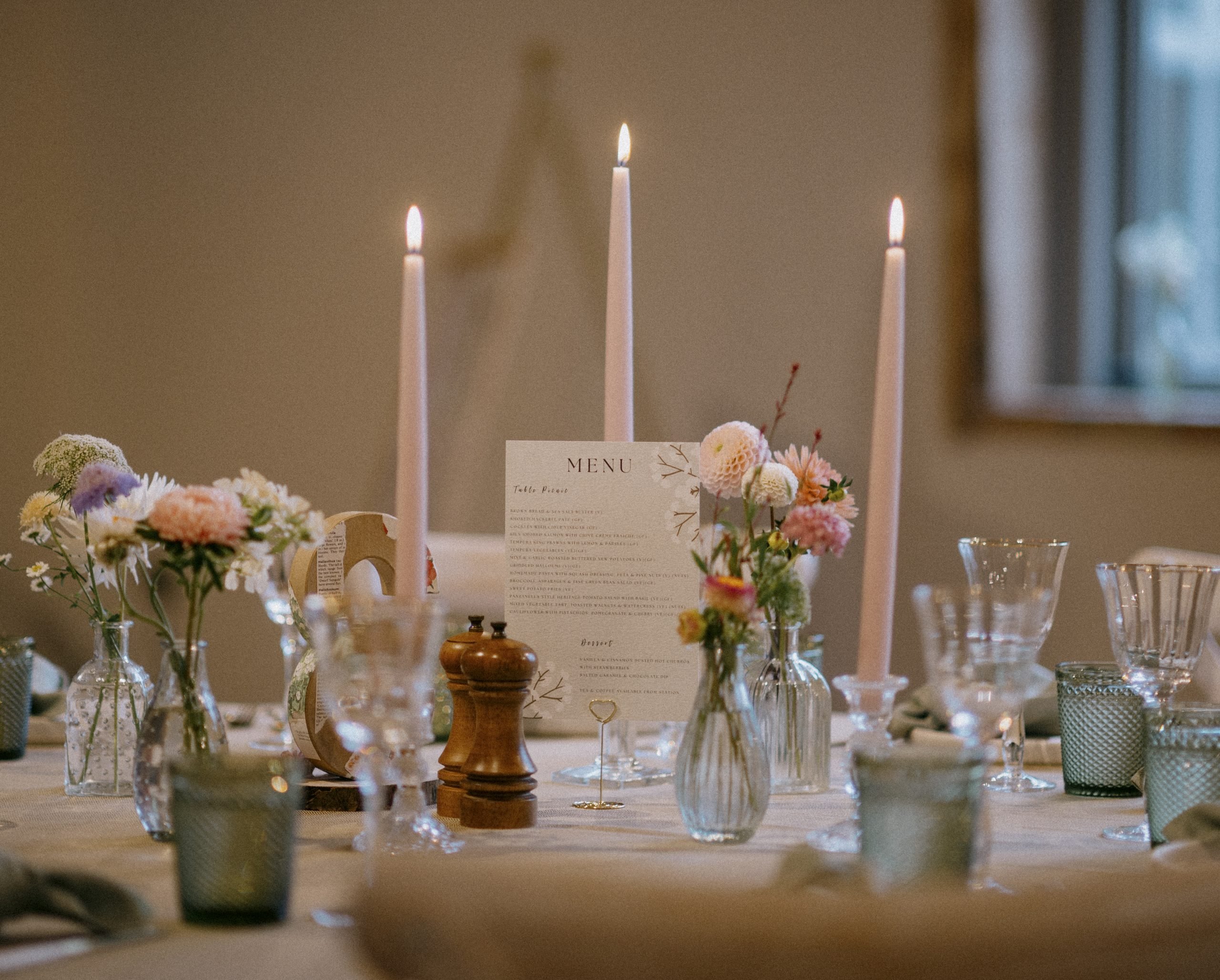 Candles and tablescape at Worstead estate wedding