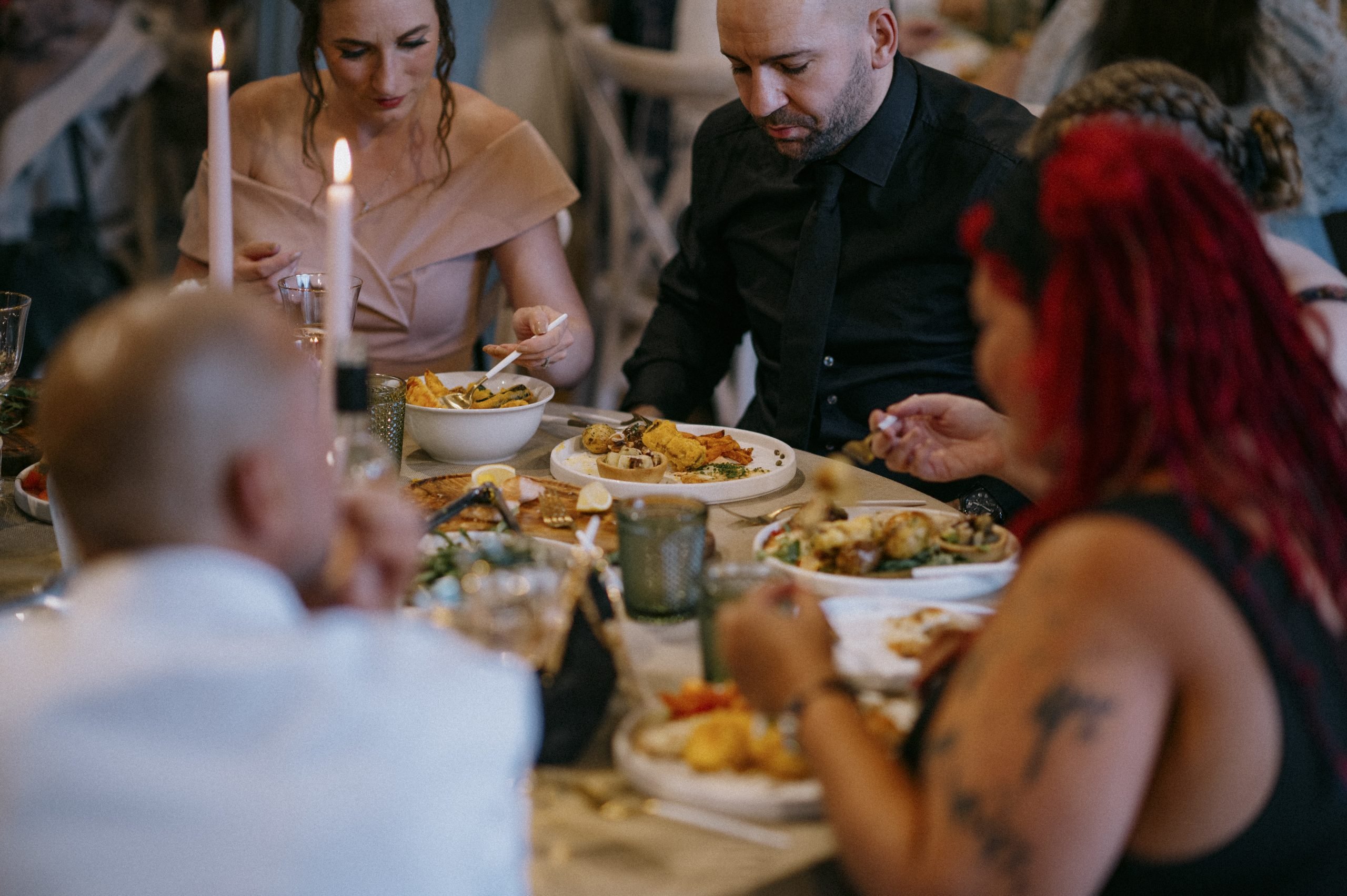 Guests enjoying the Wedding breakfast by Florentina Catering at Worstead Estate