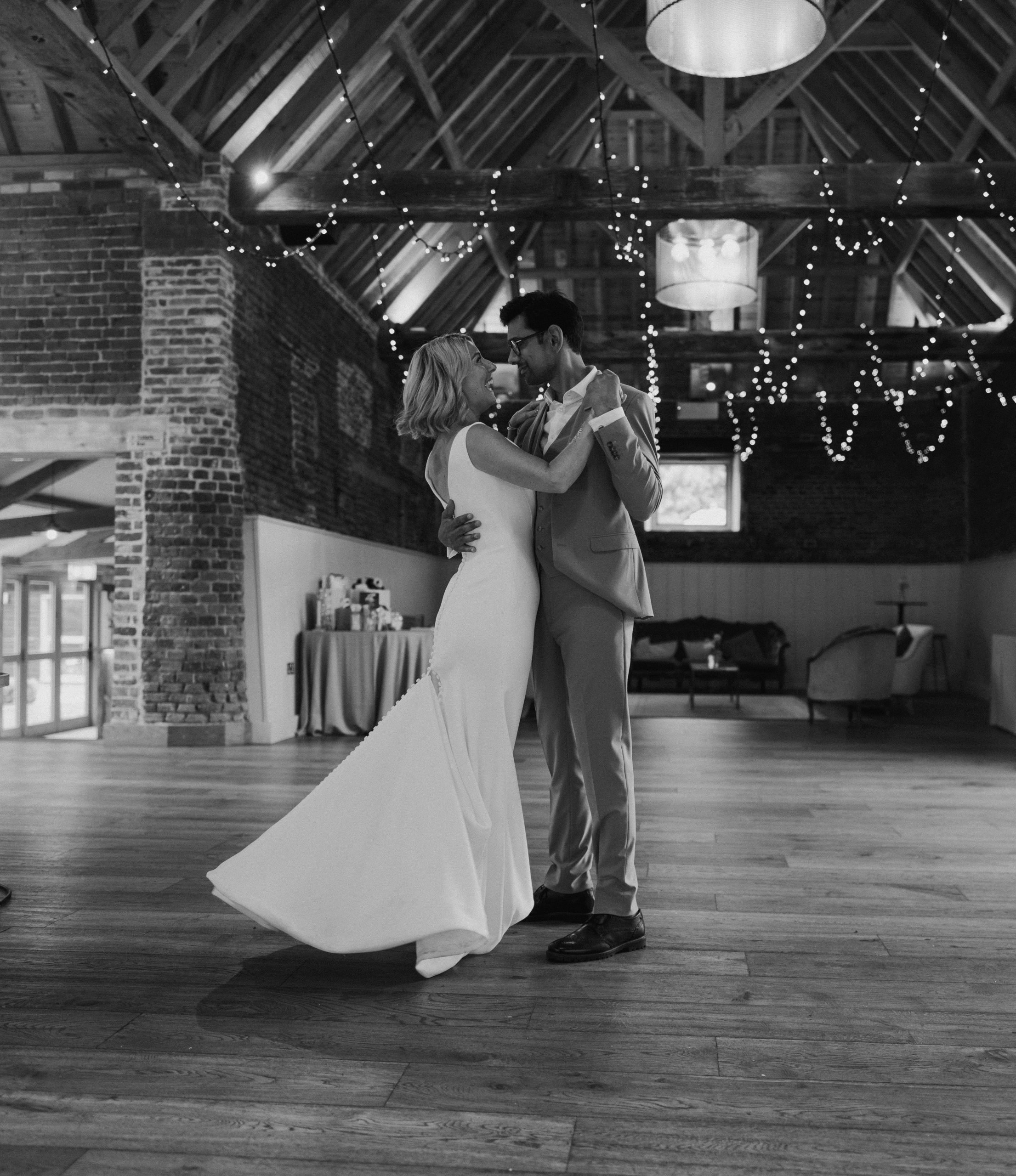 The bride and groom dancing at the wedding party at Worstead Estate