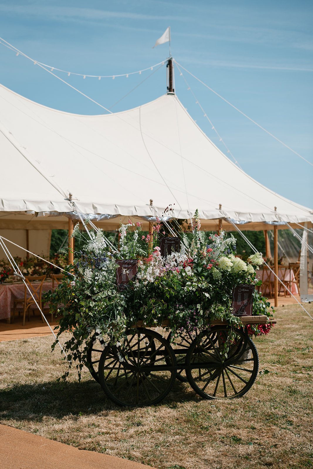 Luxury marquee wedding at a private home, with gorgeous flowers taking centre stage outside the sail cloth marquee, styled by Hardesty Event Design