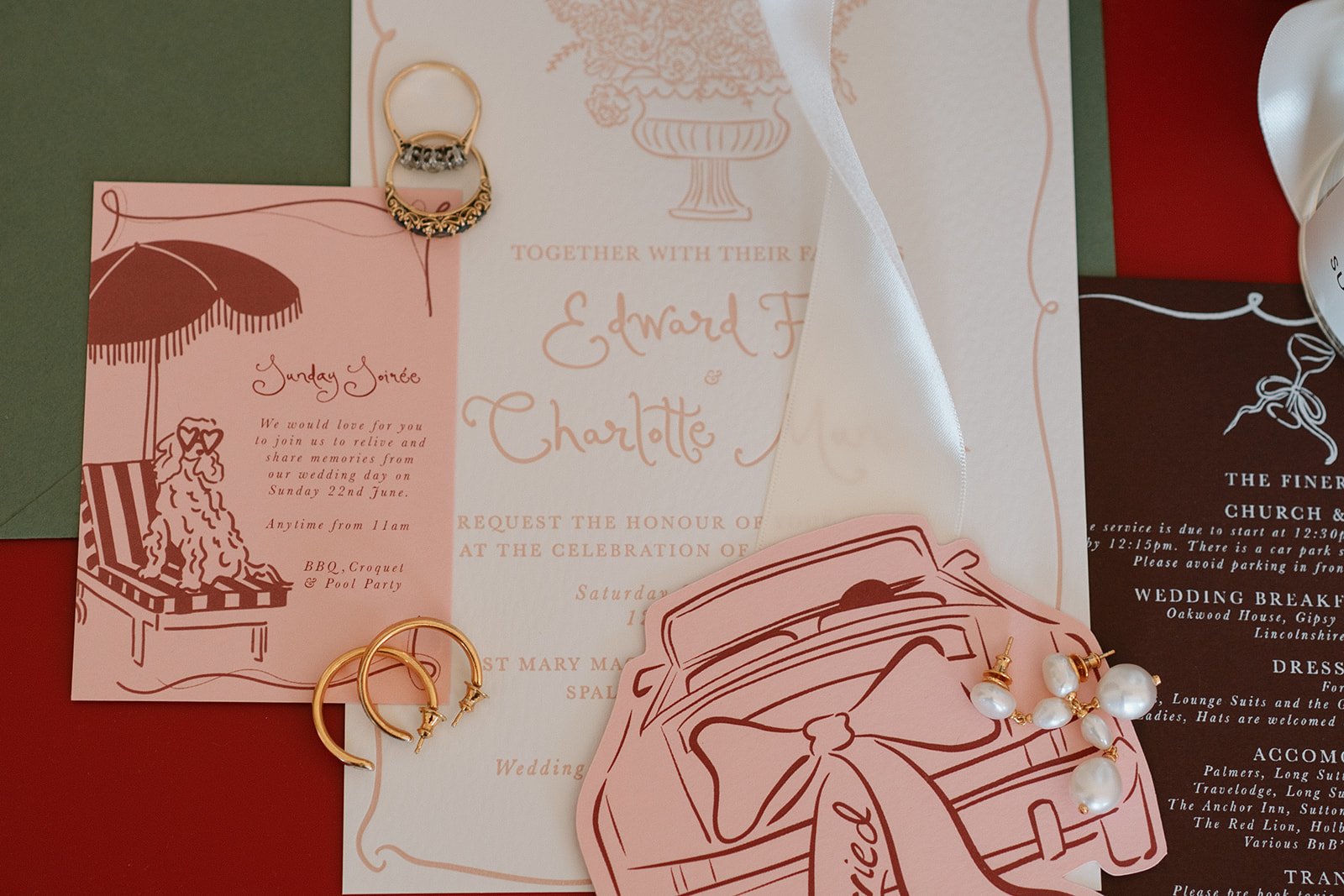 reds, pink and peach wedding stationery for Charlotte and Edward, styled by luxury uk wedding planner Hardesty Event Design